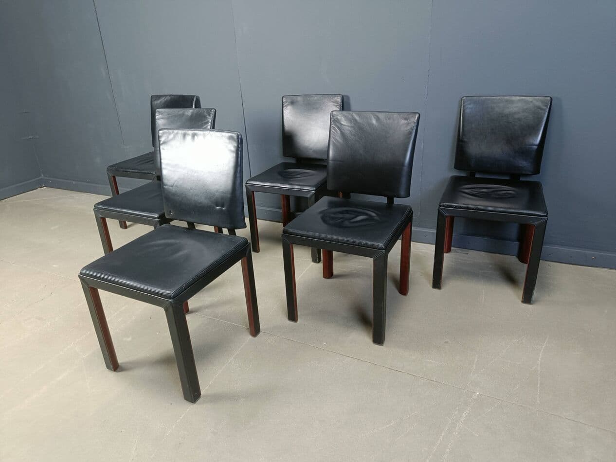 Set of six dining chairs, black leather, wood, Belgium, 1980s. - 273185