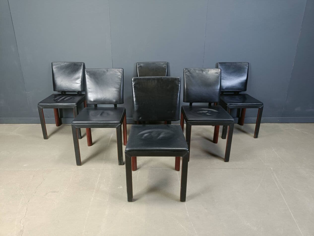 Set of six dining chairs, black leather, wood, Belgium, 1980s. - 273177