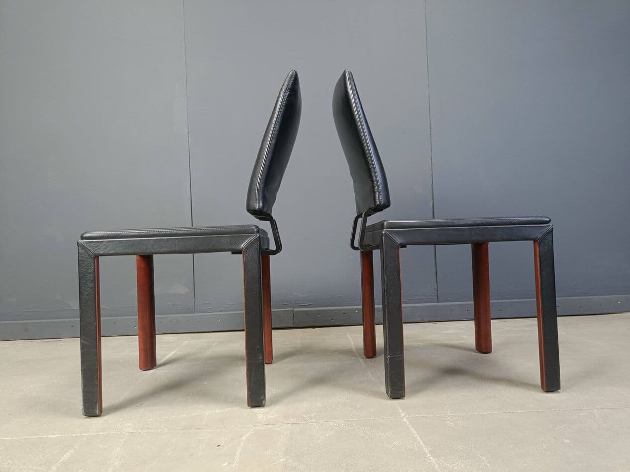Set of six dining chairs, black leather, wood, Belgium, 1980s. - 273180