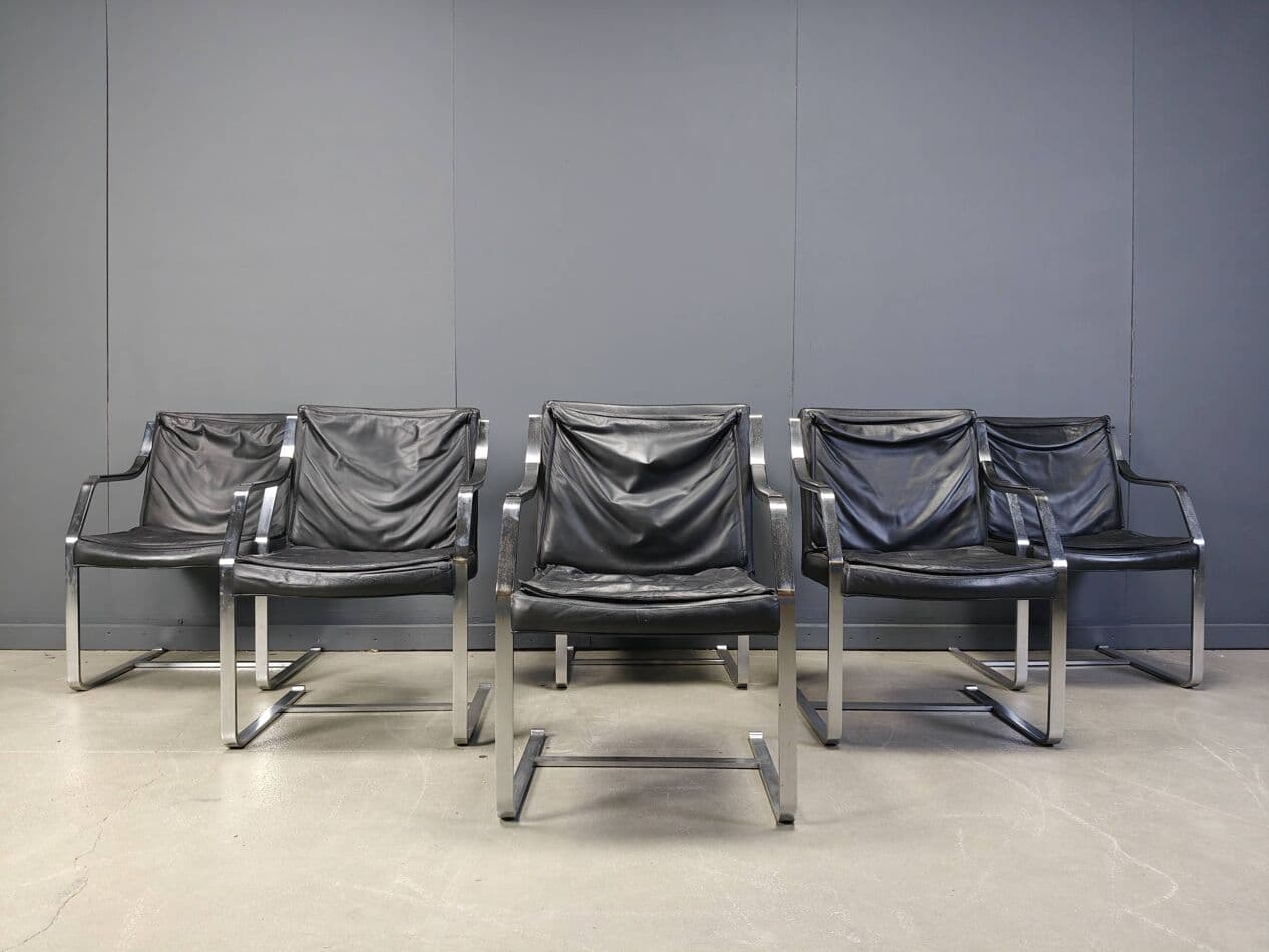 Zestaw sześciu foteli, Knoll Art Collection, skóra czarna, stal chromowana, proj. R. Glatzel, Knoll, Niemcy, lata 80. - 273159