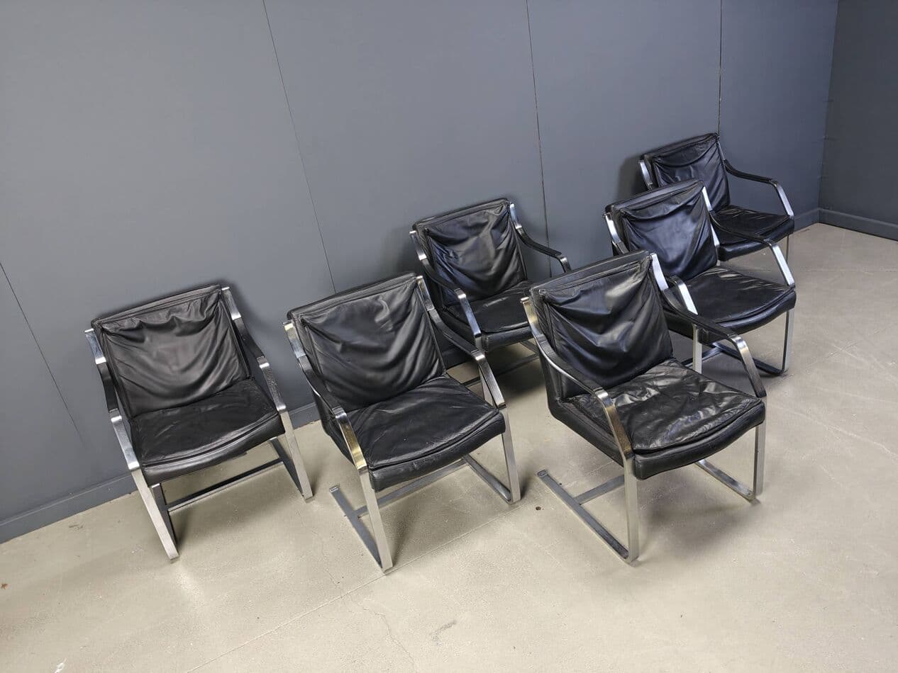 Zestaw sześciu foteli, Knoll Art Collection, skóra czarna, stal chromowana, proj. R. Glatzel, Knoll, Niemcy, lata 80. - 273157