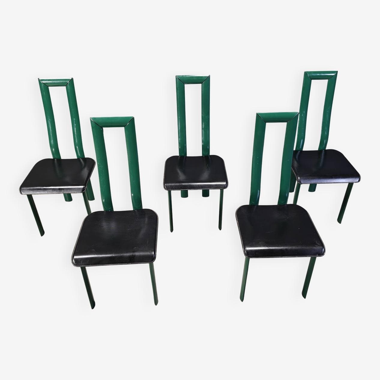 Zestaw pięciu krzeseł jadalnianych Model Regia, aluminium zielony, skóra czarna, proj. A. Mosca, Włochy, lata 80. - 273088