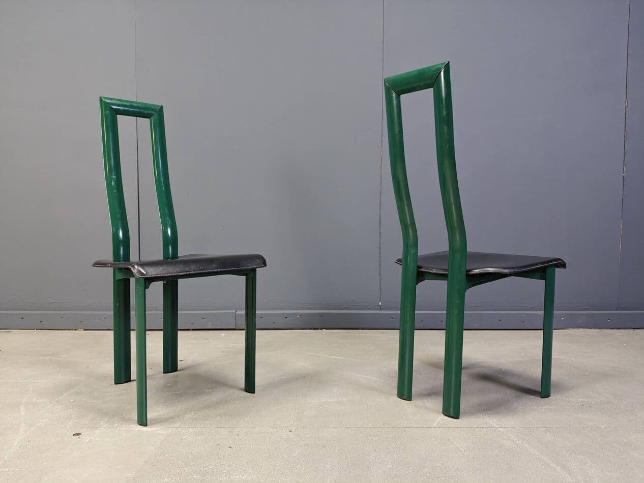 Zestaw pięciu krzeseł jadalnianych Model Regia, aluminium zielony, skóra czarna, proj. A. Mosca, Włochy, lata 80. - 273086