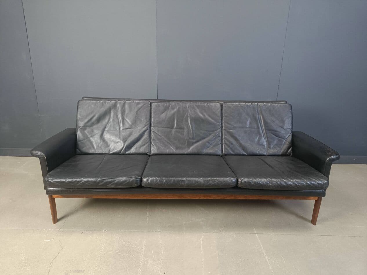 Sofa trzyosobowa Jupiter, skóra czarna, palisander, proj. F. Juhl, France & Son, Dania, lata 60. - 273072