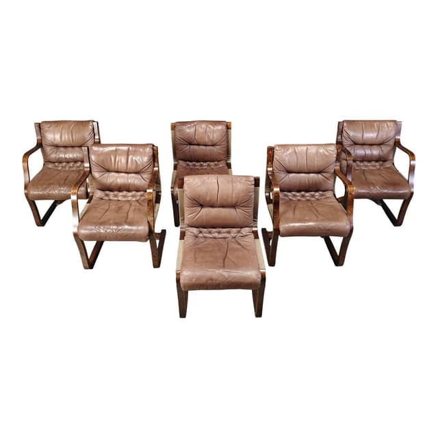 Zestaw sześciu krzeseł, skóra brązowa, sklejka, proj. E. Pajamies, Asko, Finlandia, lata 70. - WYMIARY