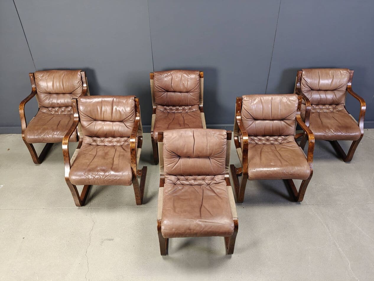Zestaw sześciu krzeseł, skóra brązowa, sklejka, proj. E. Pajamies, Asko, Finlandia, lata 70. - 273066