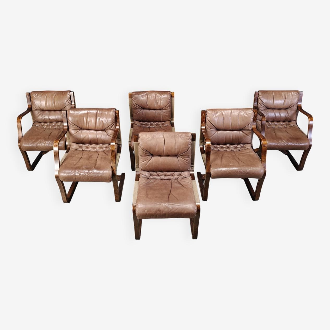 Zestaw sześciu krzeseł, skóra brązowa, sklejka, proj. E. Pajamies, Asko, Finlandia, lata 70. - 273061
