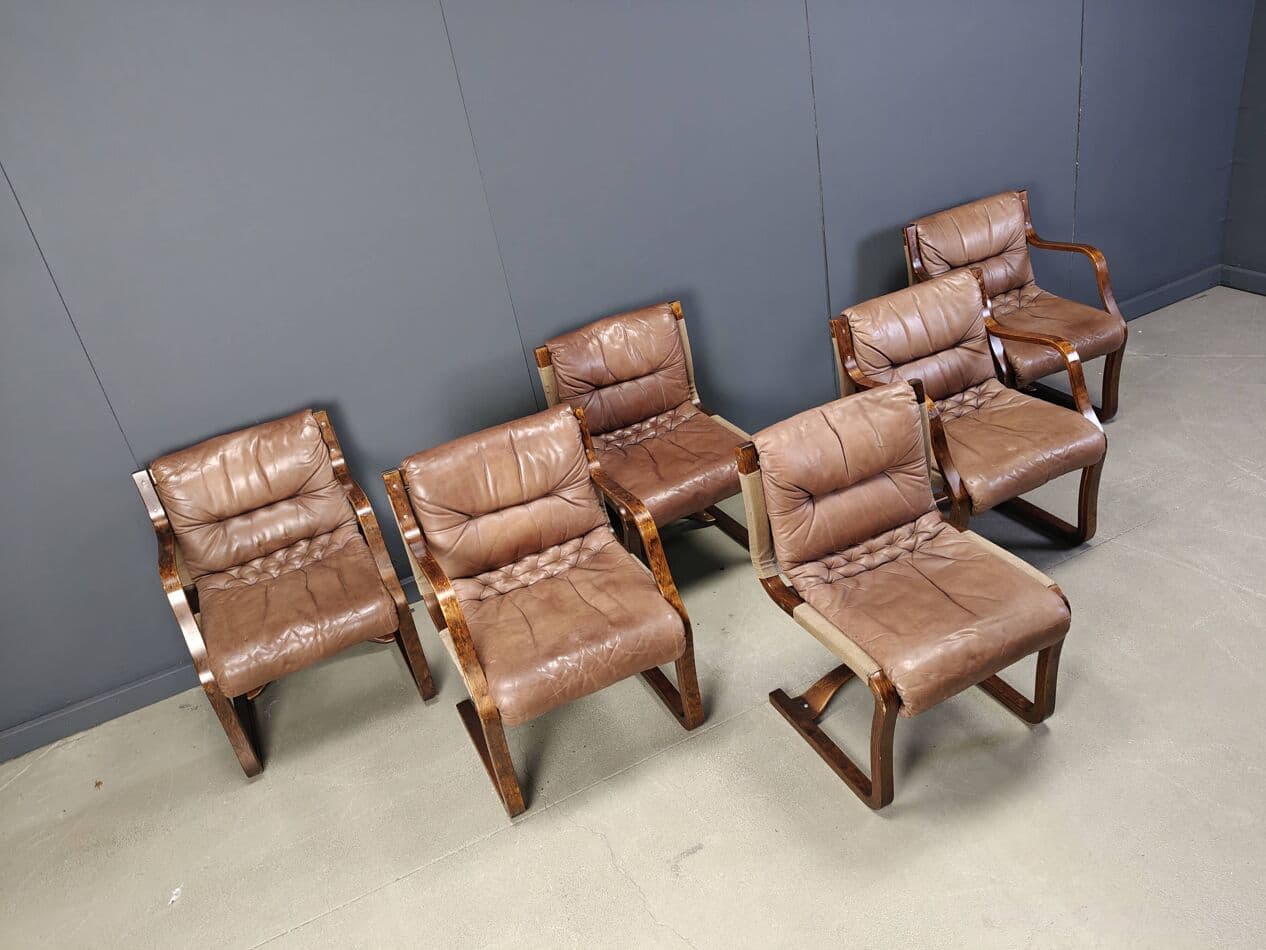 Zestaw sześciu krzeseł, skóra brązowa, sklejka, proj. E. Pajamies, Asko, Finlandia, lata 70. - 273068