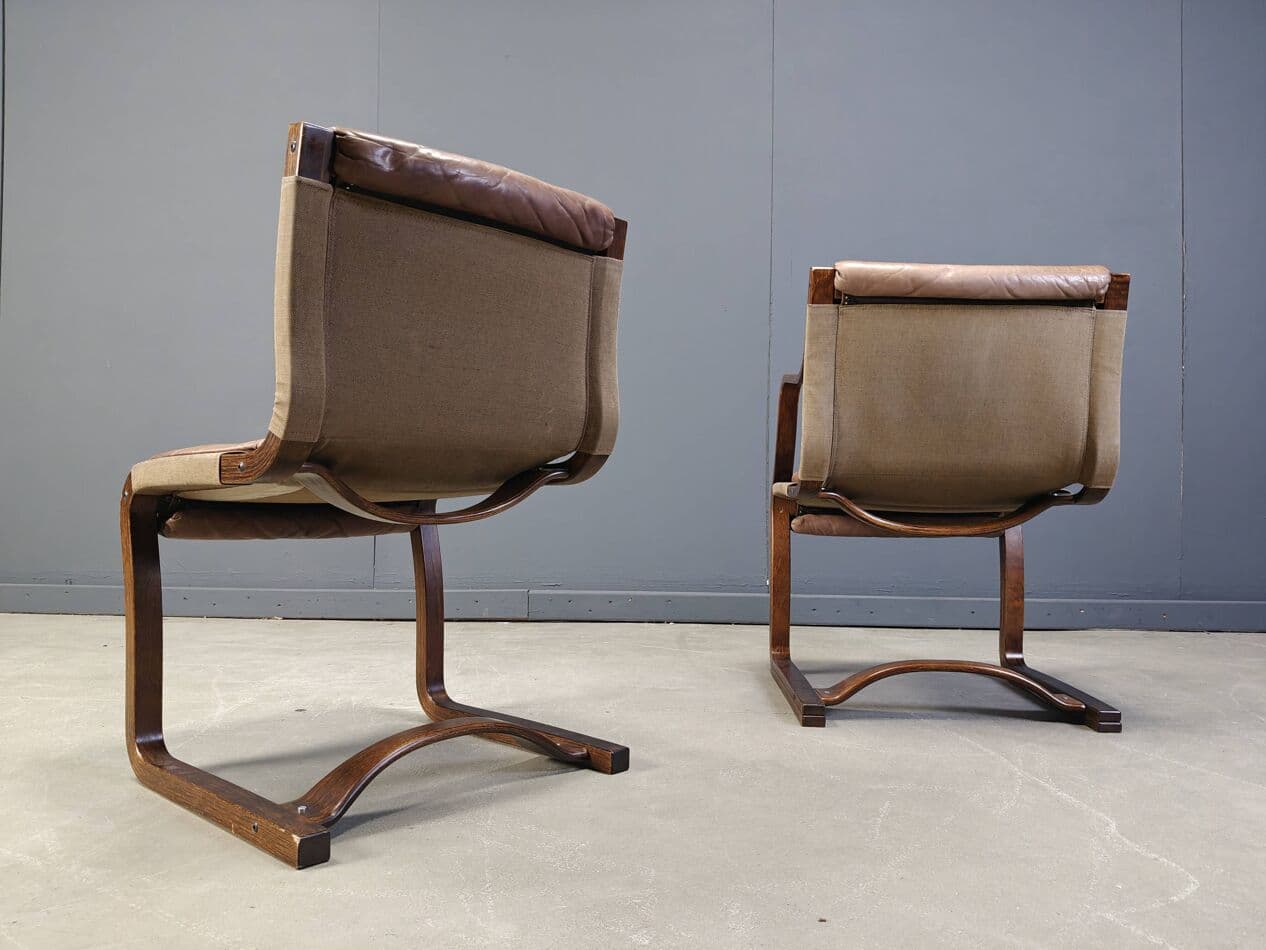 Zestaw sześciu krzeseł, skóra brązowa, sklejka, proj. E. Pajamies, Asko, Finlandia, lata 70. - 273062