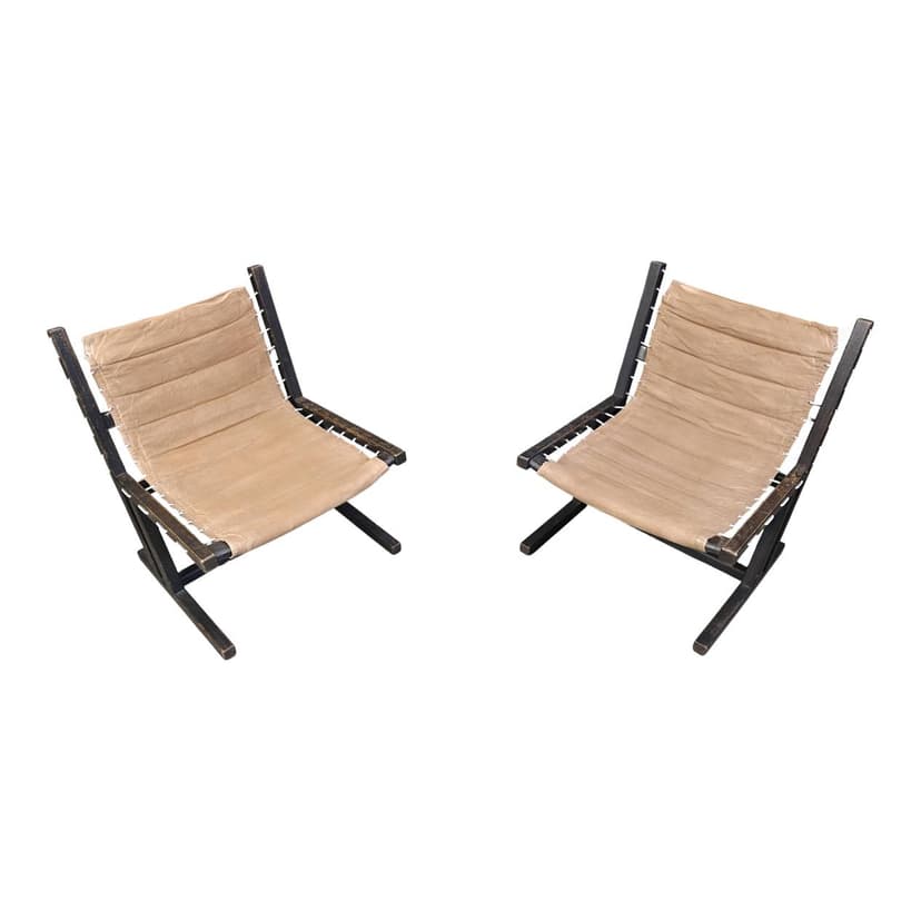 Para foteli safari, płótno beżowe, drewno czarne, Casala, Niemcy, lata 70.