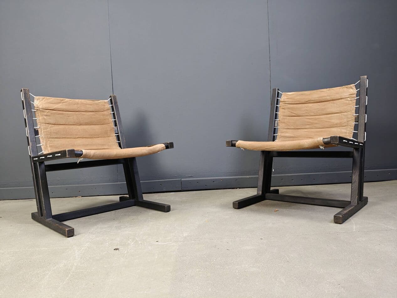 Para foteli safari, płótno beżowe, drewno czarne, Casala, Niemcy, lata 70. - 273040