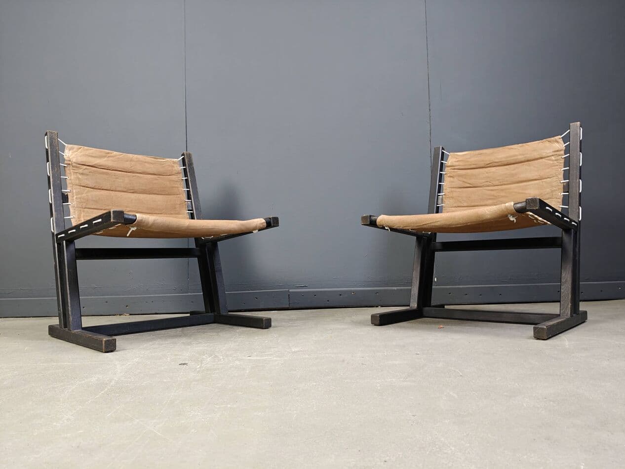 Para foteli safari, płótno beżowe, drewno czarne, Casala, Niemcy, lata 70. - 273039