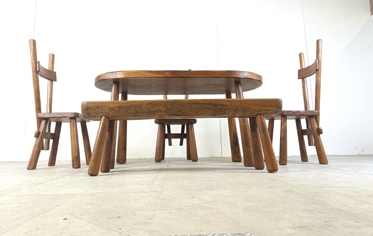 Zestaw jadalniany brutalistyczny, dąb brązowy, Francja, lata 60. - 273023