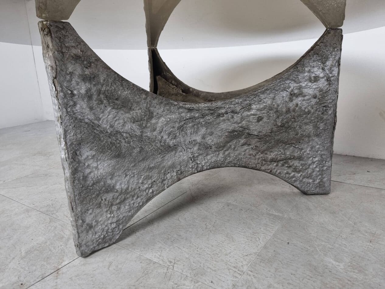 Zestaw dwóch stolików kawowych brutalistycznych, szkło dymione, aluminium, Belgia, lata 70. - 273015