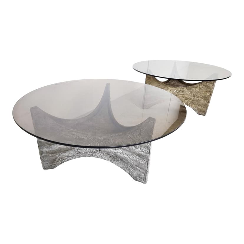 Set of Two Brutalist Coffee Tables, Smoked Glass, Aluminum, Belgium, 1970s.