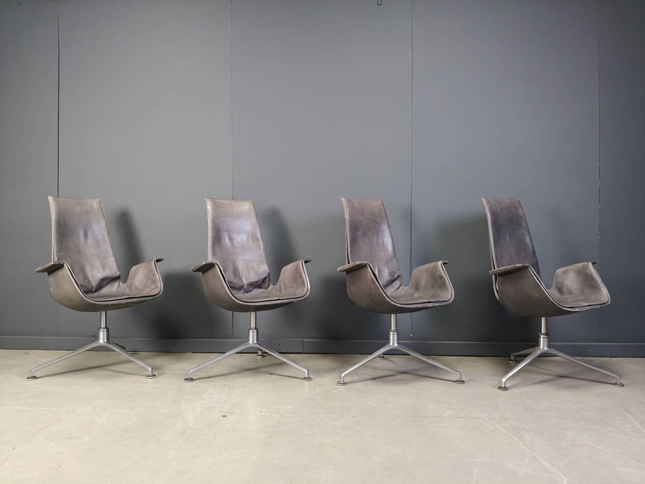 Zestaw czterech foteli FK 6725, skóra szara, aluminium, Walter Knoll, Niemcy, lata 60. - 272998