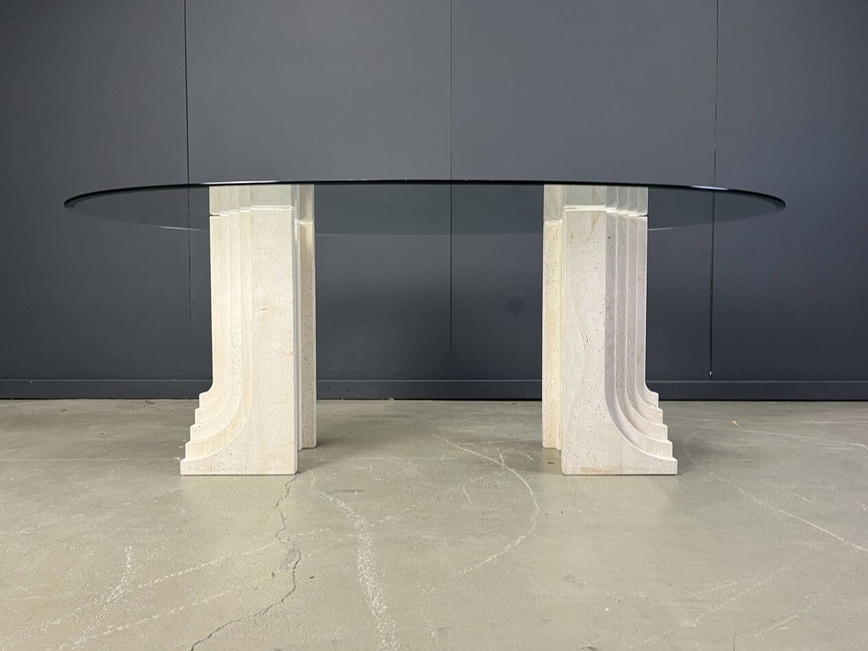 Stół jadalniany, styl Carlo Scarpa, trawertyn beżowy, szkło, Włochy, lata 70. - 272916