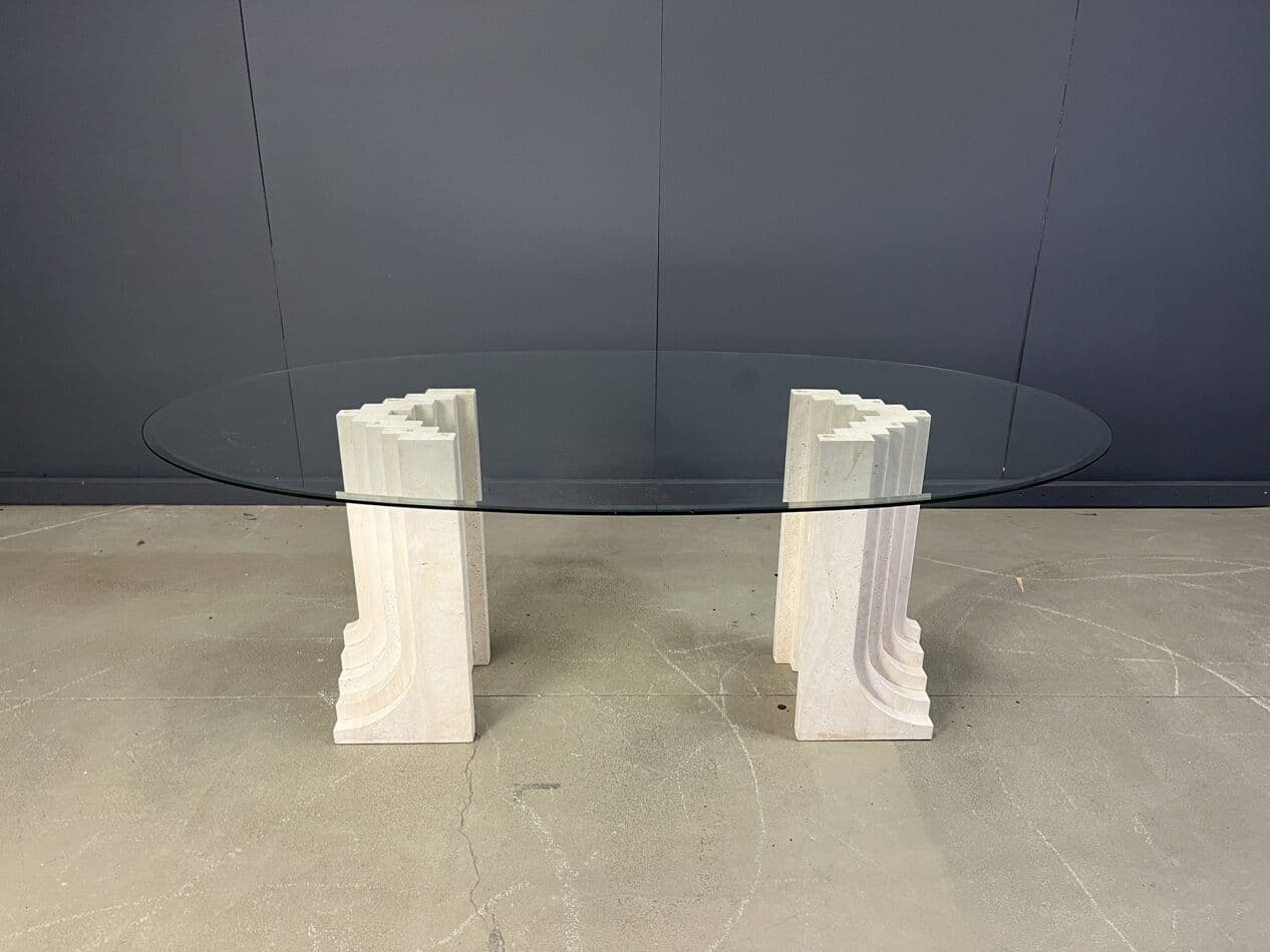 Stół jadalniany, styl Carlo Scarpa, trawertyn beżowy, szkło, Włochy, lata 70. - 272905