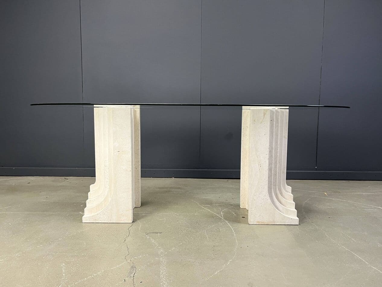 Stół jadalniany, styl Carlo Scarpa, trawertyn beżowy, szkło, Włochy, lata 70. - 272906