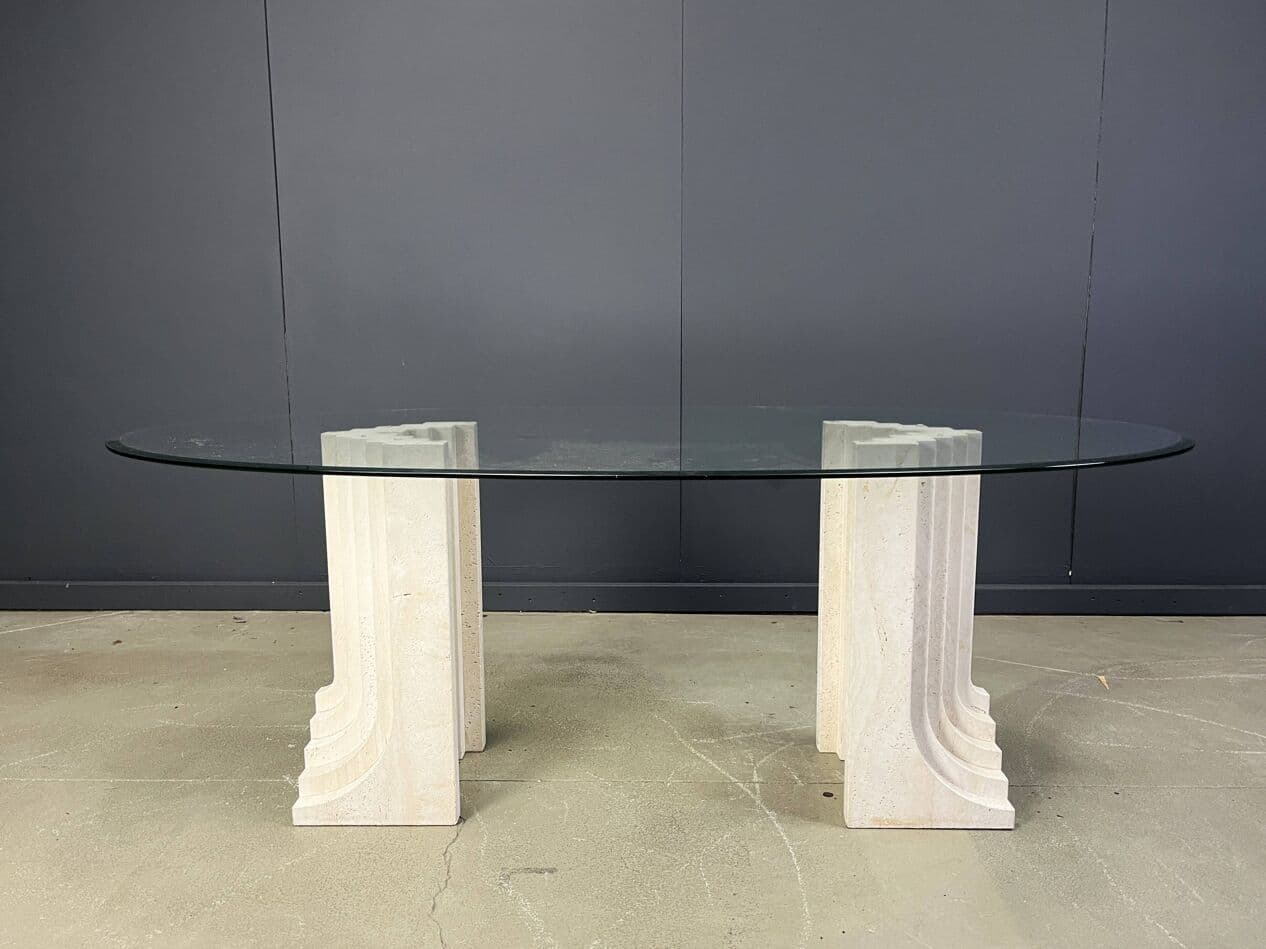 Stół jadalniany, styl Carlo Scarpa, trawertyn beżowy, szkło, Włochy, lata 70. - 272907