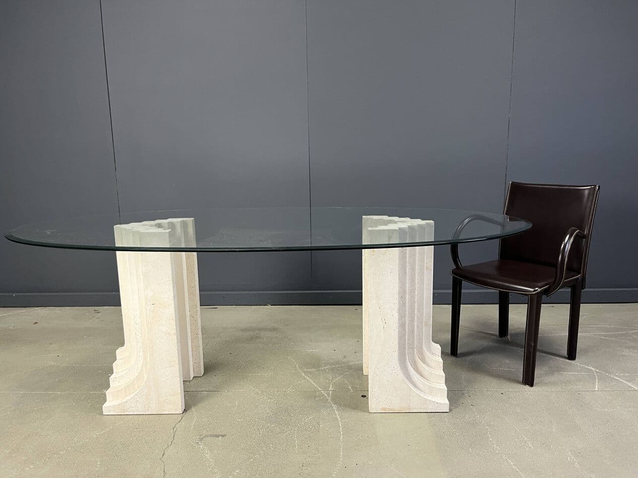 Stół jadalniany, styl Carlo Scarpa, trawertyn beżowy, szkło, Włochy, lata 70. - 272909