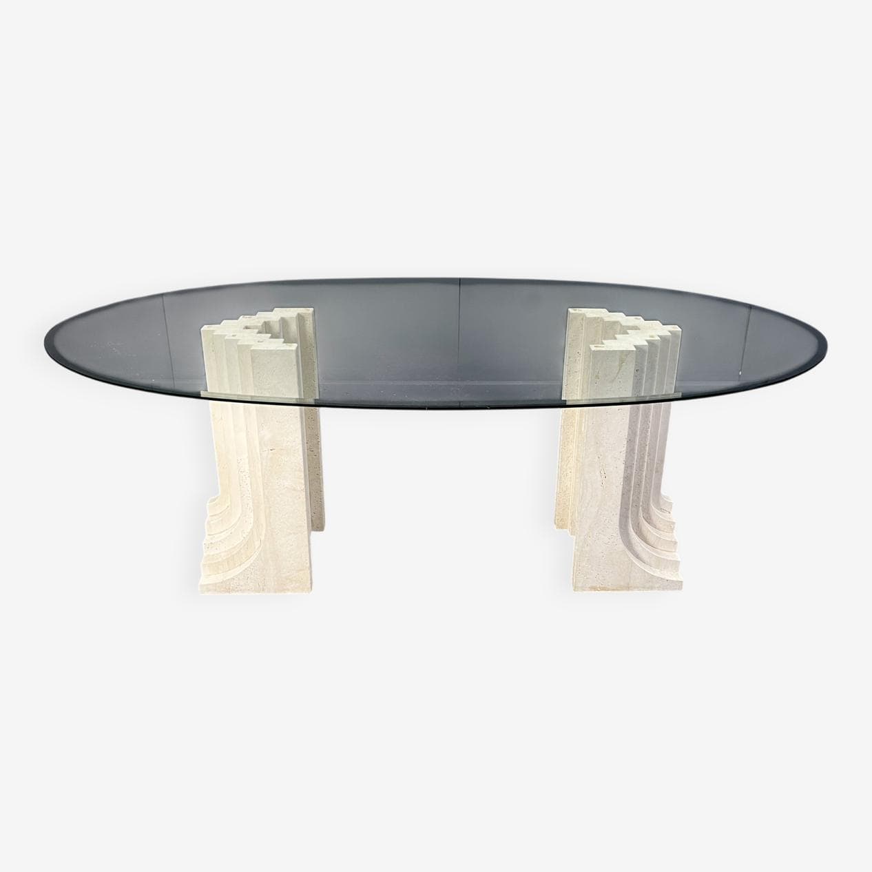 Stół jadalniany, styl Carlo Scarpa, trawertyn beżowy, szkło, Włochy, lata 70. - 272908
