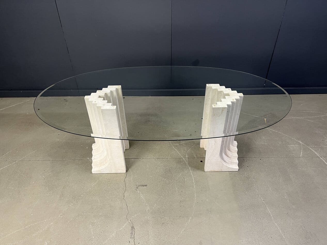 Stół jadalniany, styl Carlo Scarpa, trawertyn beżowy, szkło, Włochy, lata 70. - 272915