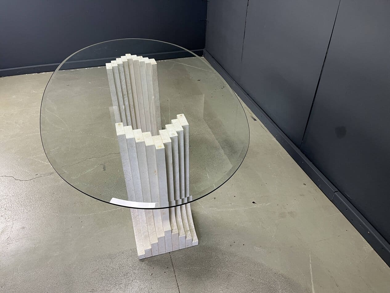 Stół jadalniany, styl Carlo Scarpa, trawertyn beżowy, szkło, Włochy, lata 70. - 272913