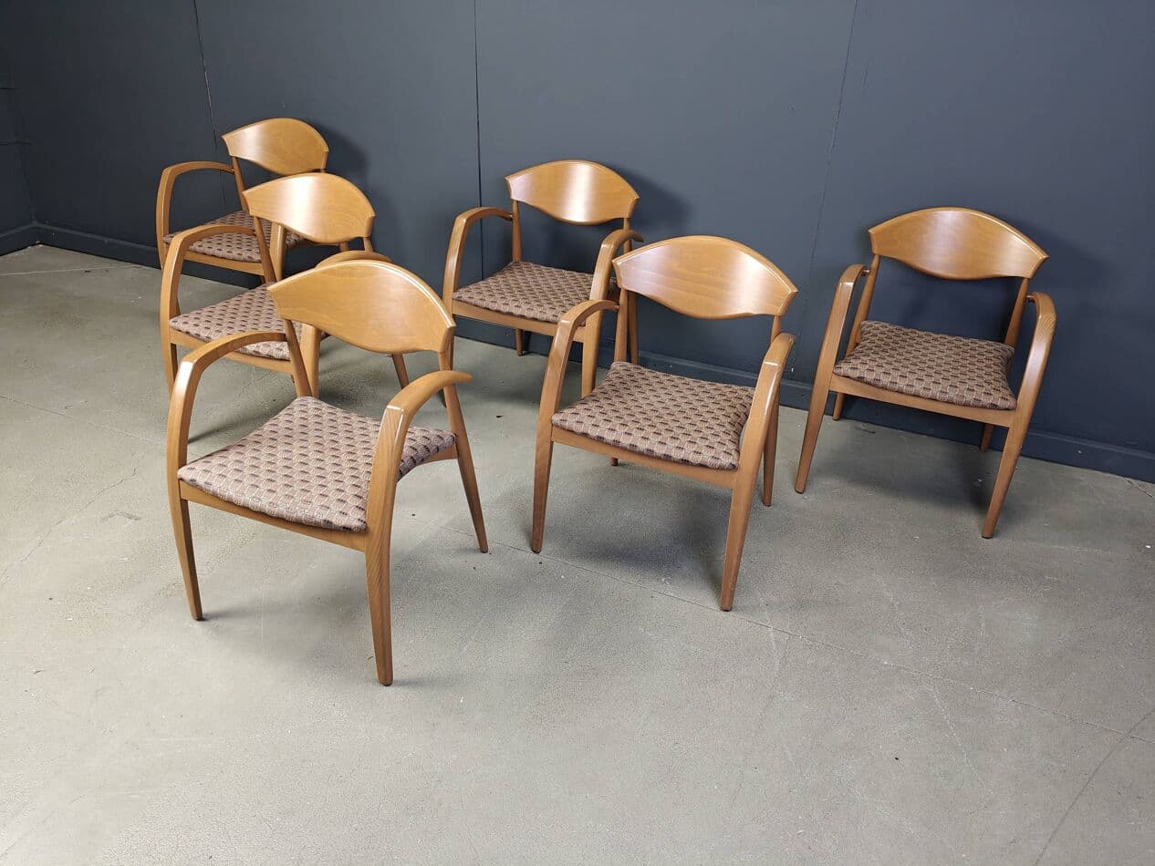 Zestaw sześciu foteli, dąb beżowy, tkanina beżowa, Hiszpania, lata 90. - 272863