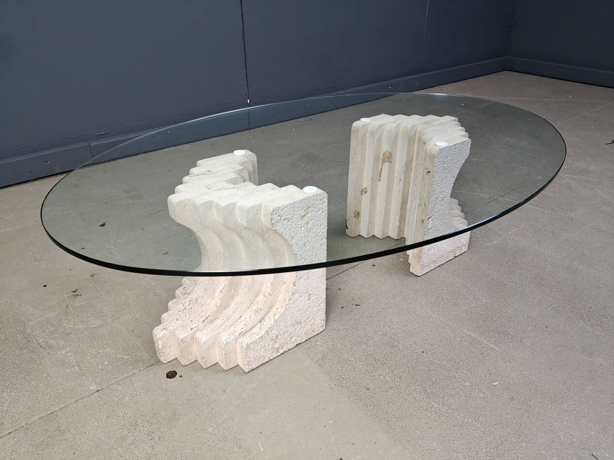 Coffee table, clear glass, beige travertine, Italy, 1970s. - 272851