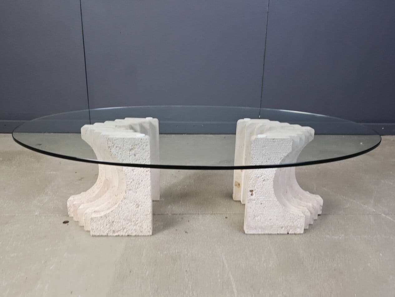 Coffee table, clear glass, beige travertine, Italy, 1970s. - 272844
