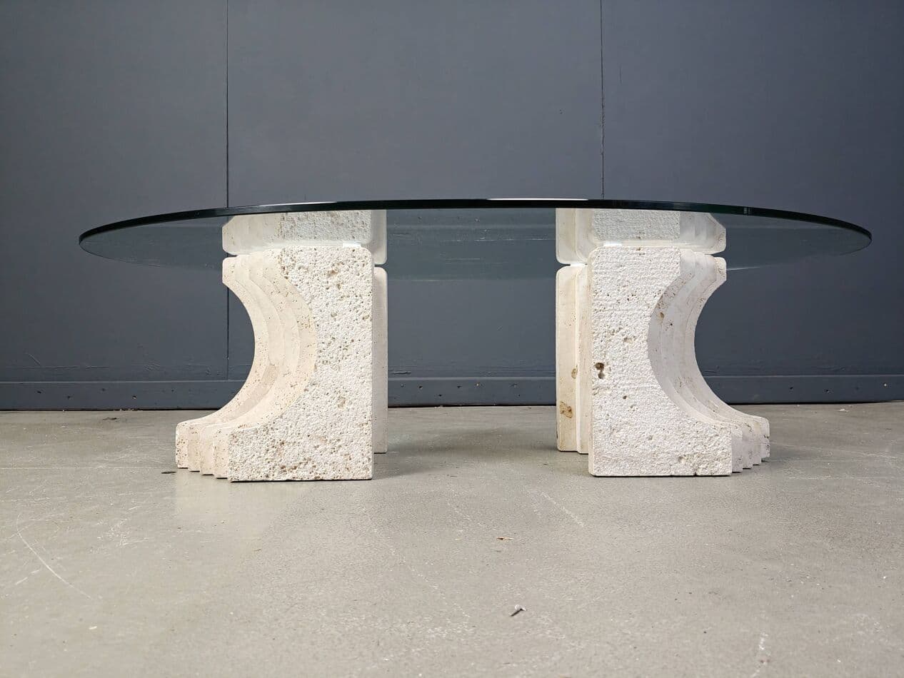 Coffee table, clear glass, beige travertine, Italy, 1970s. - 272854