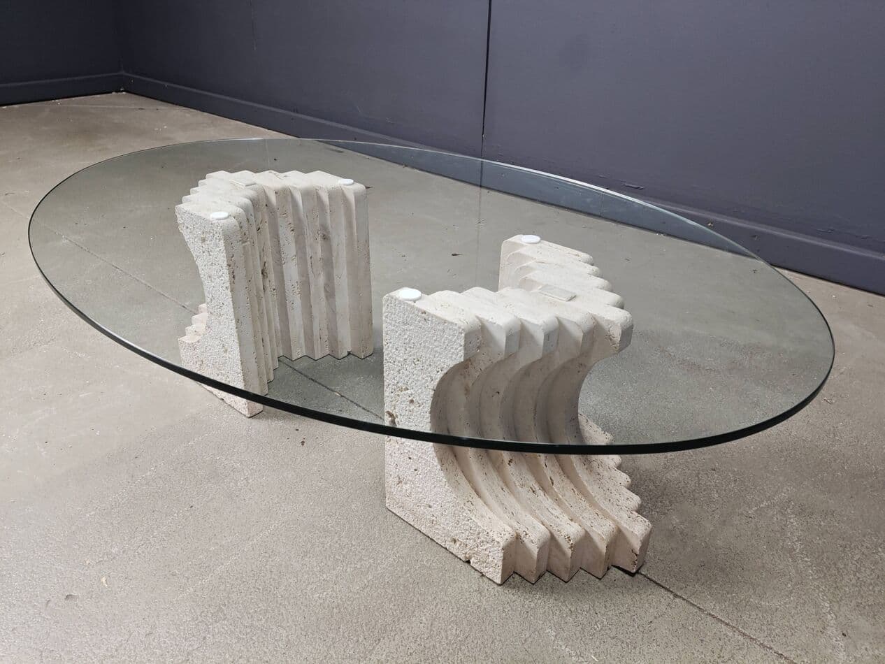 Coffee table, clear glass, beige travertine, Italy, 1970s. - 272848