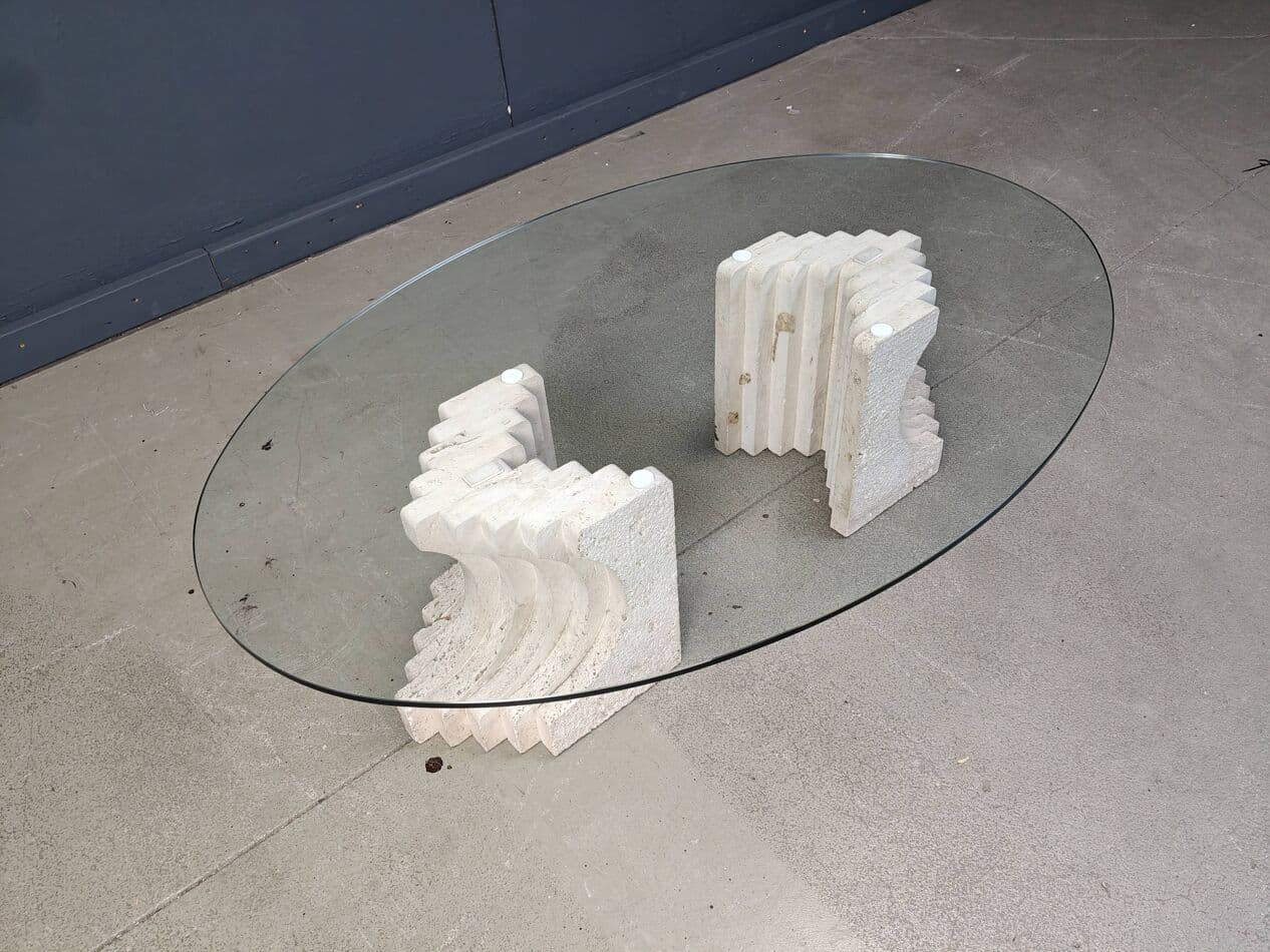 Coffee table, clear glass, beige travertine, Italy, 1970s. - 272852