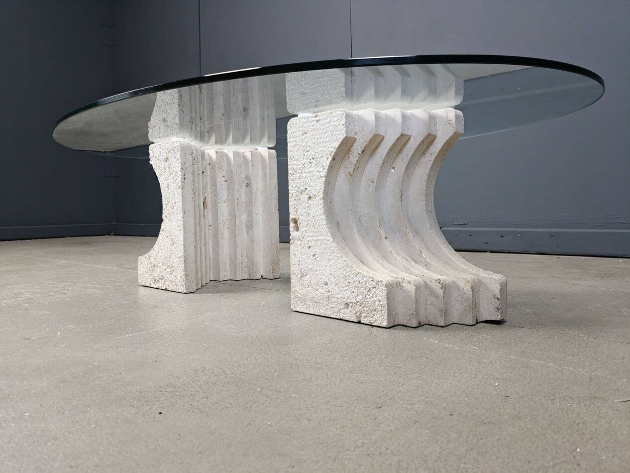 Coffee table, clear glass, beige travertine, Italy, 1970s. - 272847