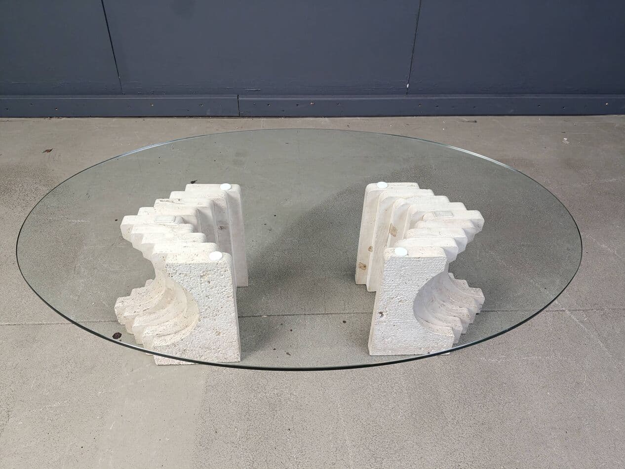 Coffee table, clear glass, beige travertine, Italy, 1970s. - 272843
