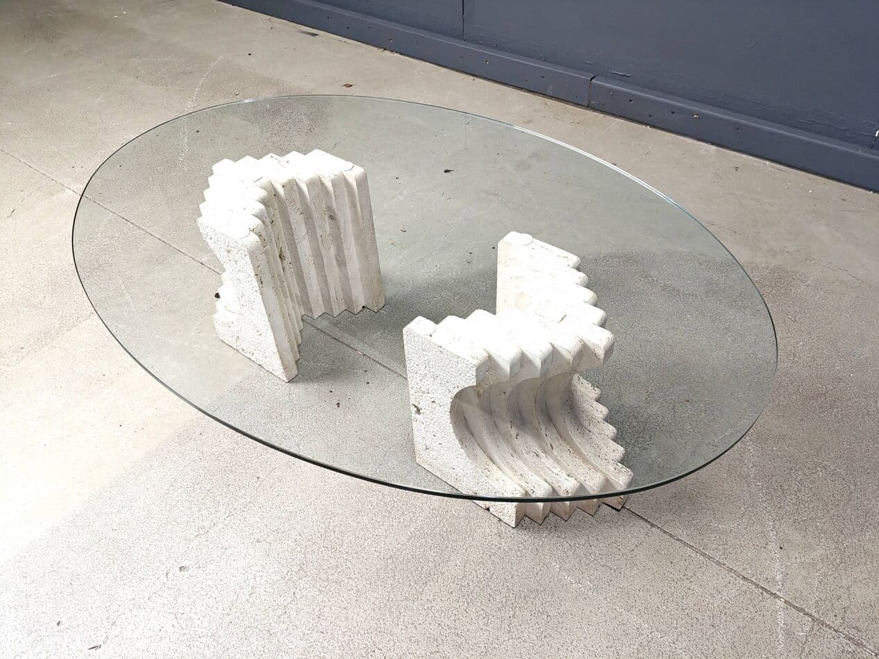 Coffee table, clear glass, beige travertine, Italy, 1970s. - 272849