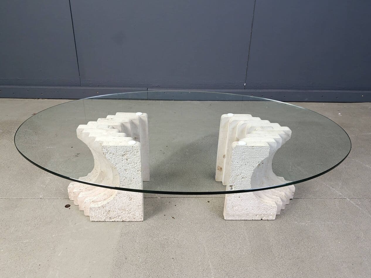 Coffee table, clear glass, beige travertine, Italy, 1970s. - 272845