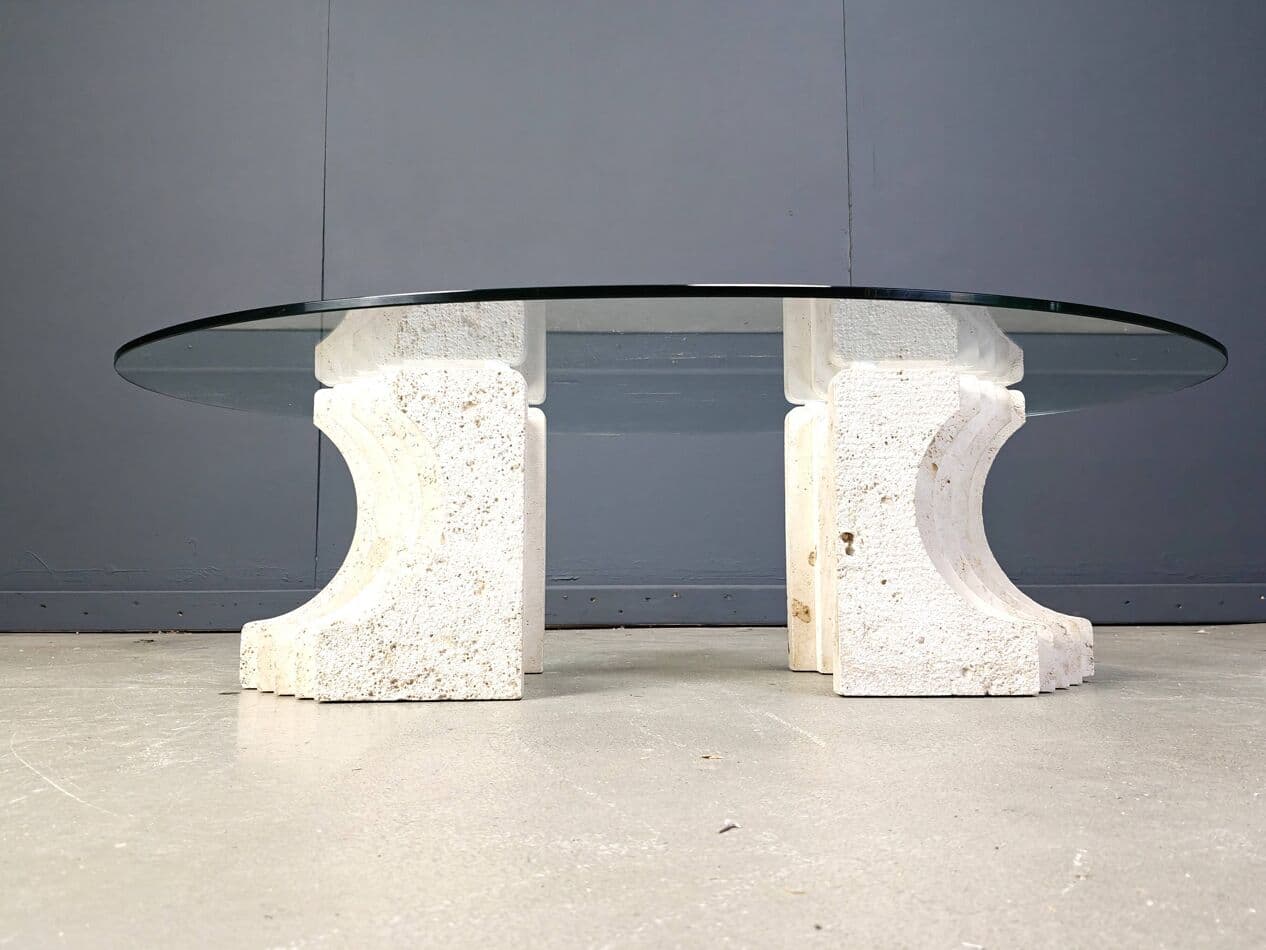 Coffee table, clear glass, beige travertine, Italy, 1970s. - 272853