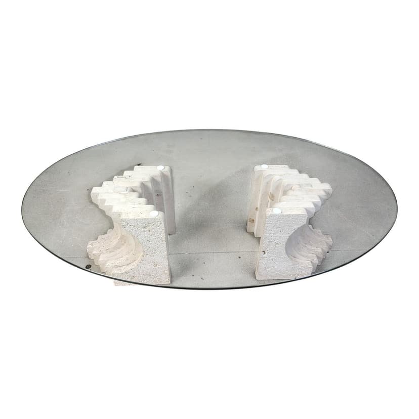 Coffee table, clear glass, beige travertine, Italy, 1970s.