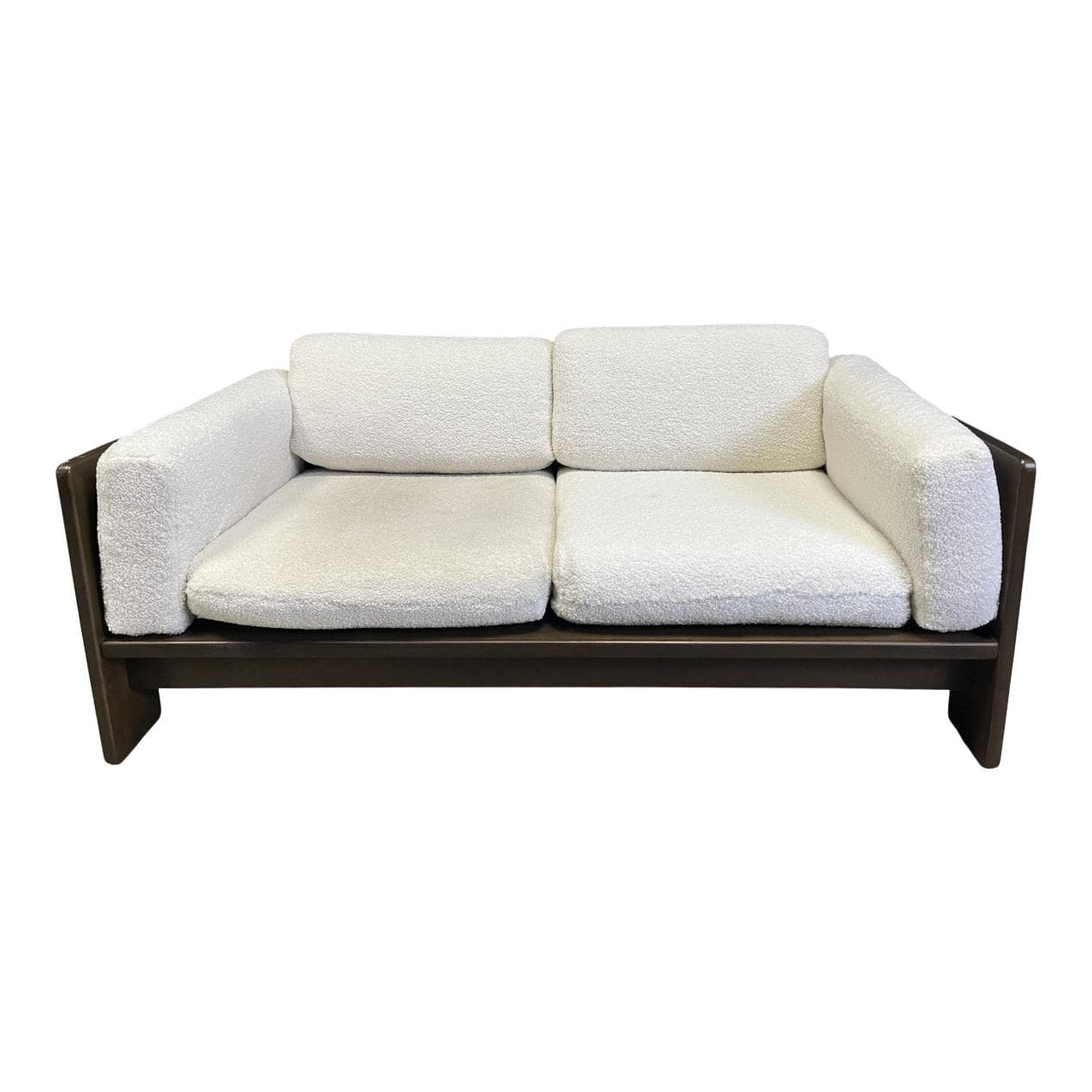 Sofa dwuosobowa Bastiano, bouclé kremowy, drewno brązowy, proj. T. Scarpa, Knoll, Włochy, lata 70.