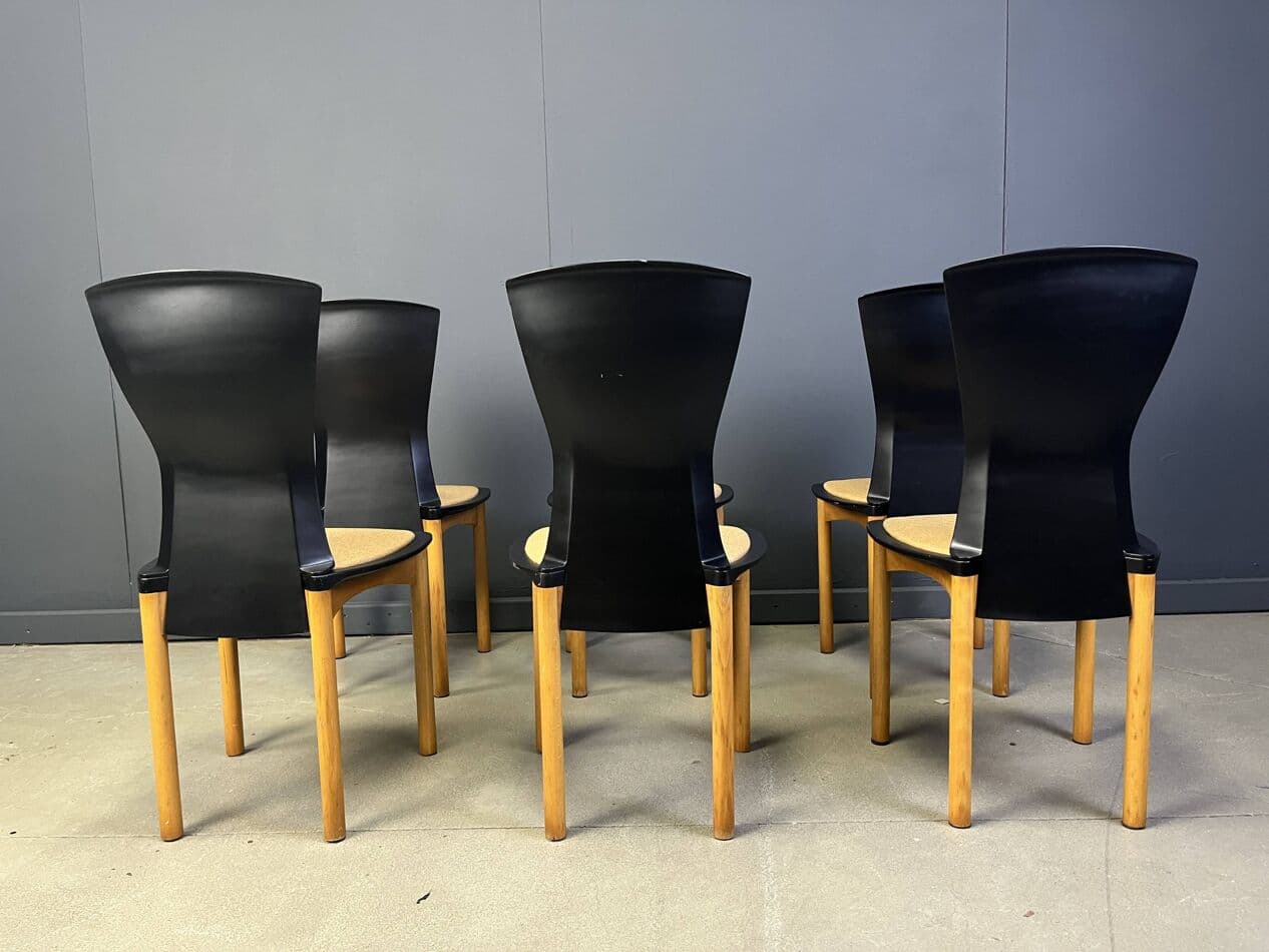 Zestaw sześciu krzeseł Pelope, czarne drewno, beżowa tkanina, proj. F. Binfarè, Cassina, Włochy, lata 90. - 272781