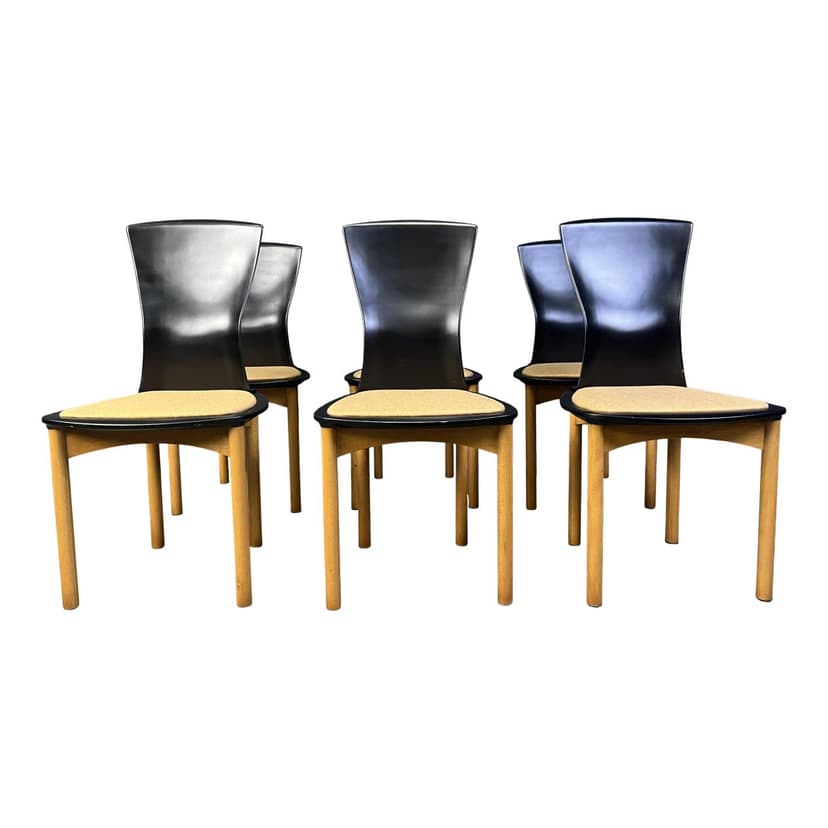 Zestaw sześciu krzeseł Pelope, czarne drewno, beżowa tkanina, proj. F. Binfarè, Cassina, Włochy, lata 90.