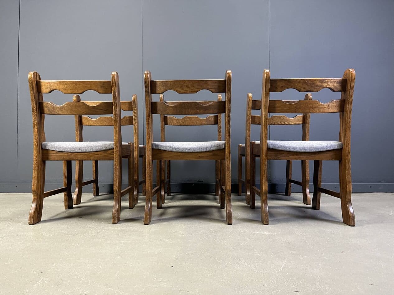 Zestaw sześciu krzeseł Brutalist, dąb brązowy, tkanina jasnoszara, Niemcy, lata 60. - 272721