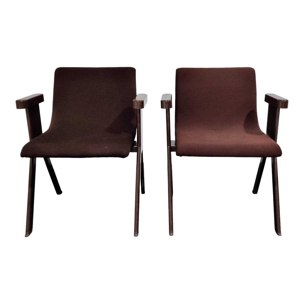 Para foteli Space Age, brązowy, tkanina, plastik, proj. E. Sottsass, Włochy, lata 70.