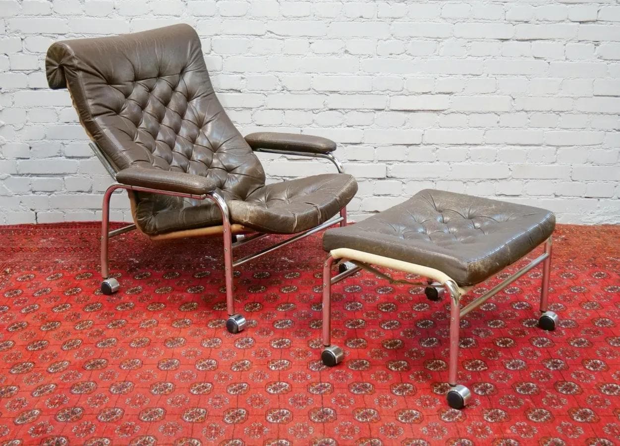 Fotel z podnóżkiem Bore, skóra naturalna brązowa, proj. N. Nakamura, Ikea, Szwecja, lata 70. - 19121