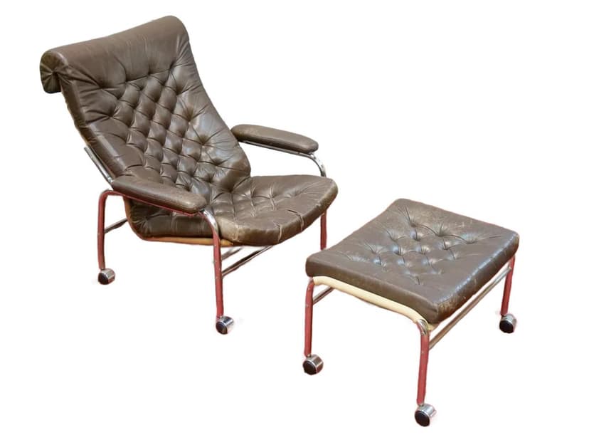 Fotel z podnóżkiem Bore, skóra naturalna brązowa, proj. N. Nakamura, Ikea, Szwecja, lata 70.