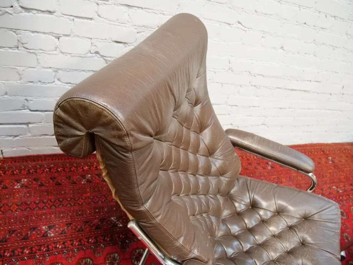 Fotel z podnóżkiem Bore, skóra naturalna brązowa, proj. N. Nakamura, Ikea, Szwecja, lata 70. - 19125