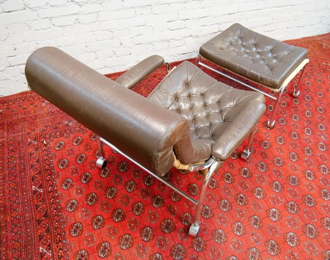 Fotel z podnóżkiem Bore, skóra naturalna brązowa, proj. N. Nakamura, Ikea, Szwecja, lata 70. - 19123