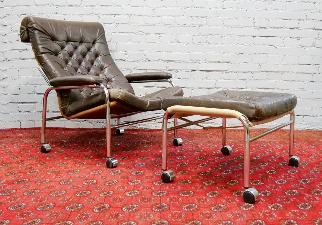 Fotel z podnóżkiem Bore, skóra naturalna brązowa, proj. N. Nakamura, Ikea, Szwecja, lata 70. - 19128